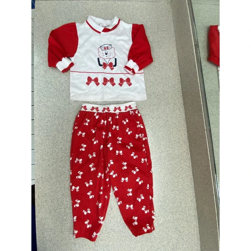 Health-tex Vintage Pajama Set‎ Sailor Bear Bows Red White 3T